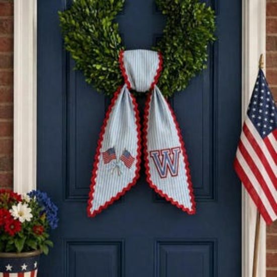 Embroidered Personalized USA Flag Wreath Sash, Summer Toile Front Door Bow, Custom Monogram Independence Day Door Decor, 250 Years Decor