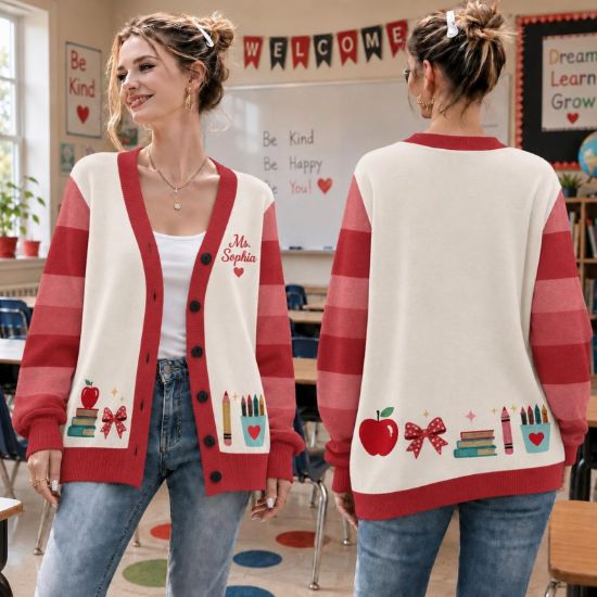 Personalized Teacher PRINTED Cardigan Shirt, Custom Teacher Name Knit Cardigan, Back to School Teacher Gift, Cute Classroom Teacher Shirt