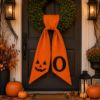 Personalized Halloween Wreath Sash, Pumpkin Face Monogram Door Bow, Orange Halloween Wreath Decor, Spooky Front Door Decoration Halloween