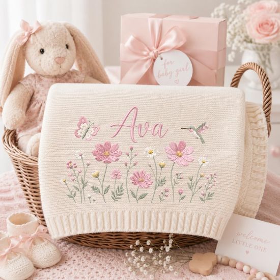 Personalized Baby Blanket with Name | Embroidered Hummingbird Floral Knit Blanket for Baby Girl |Newborn Keepsake |Baby Shower Gift for Girl