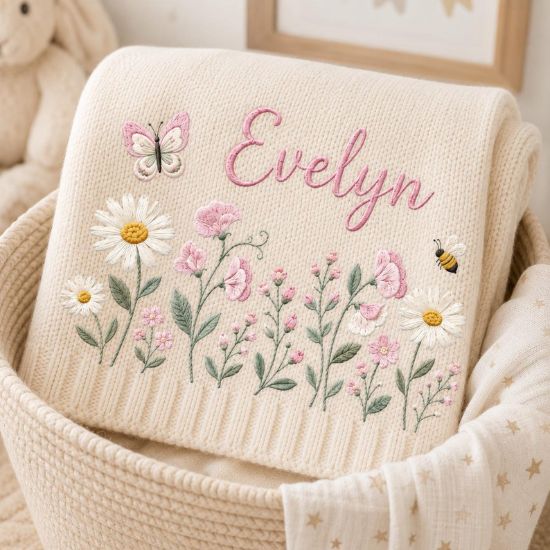 Personalized Floral Baby Blanket | Custom Name Embroidered Knit Blanket for Baby Girl |Wildflower Nursery Keepsake| Newborn Baby Shower Gift