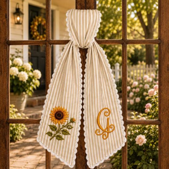 Personalized Sunflower Wreath Sash, Embroidered Monogram Ribbon Summer Front Door Decor Fall