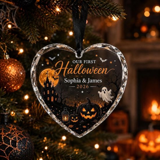 Our First Halloween Ornament, Personalized Couple Heart Keepsake with Custom Names and Year, Spooky Haunted House Pumpkin Ghost Gift 2026