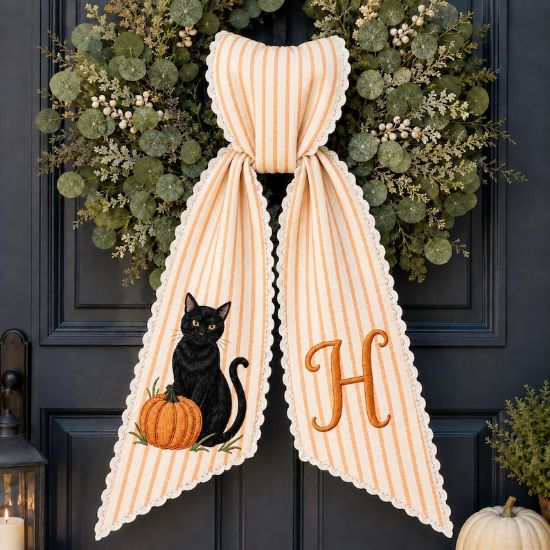 Personalized Halloween Wreath Sash, Black Cat Pumpkin Monogram Door Bow, Orange Striped Fall Wreath Decor, Spooky Autumn Front Door Gift