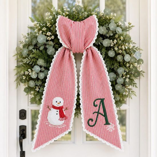 Personalized Christmas Wreath Sash, Snowman Monogram Bow, Embroidered Front Door Decor, Custom Initial Winter Holiday Wreath Accent Gift