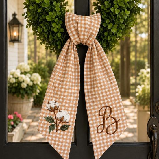 Embroidered Cotton Boll Wreath Sash, Personalized Monogram Wreath Sash for Front Door, Farmhouse Fall Wreath Ribbon, Autumn Door Decor