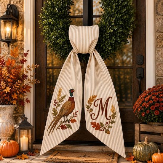 Personalized Pheasant Wreath Bow, Embroidered Fall Door Bow, Thanksgiving Front Door Decor Farmhouse, Custom Initial Autumn Wreath Sash