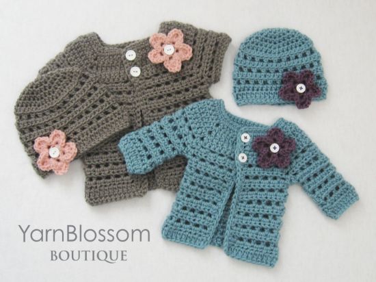 Picture of CROCHET PATTERN - Mini Miss Cardigan & Beanie - baby sweater baby girl hat preemie newborn crochet tutorial PDF download
