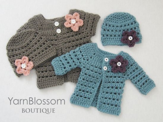Picture of CROCHET PATTERN - Mini Miss Cardigan & Beanie - 4 sizes included, PDF baby girl preemie hat sweater clothing  baby shower gift