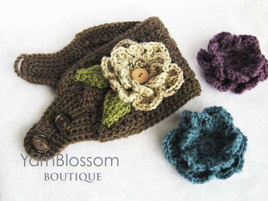 Picture of Crochet Ear Warmer PATTERN -Ear Warmer with Interchangeable Flowers- headband pattern crochet flower winter PDF instant download