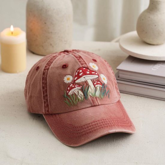 Picture of Embroidered Mushroom Vintage Washed Hat, Natural Lover Gift, Cottagecore Embroidered Hat, Summer Hat For Her, Mushroom Embroidery