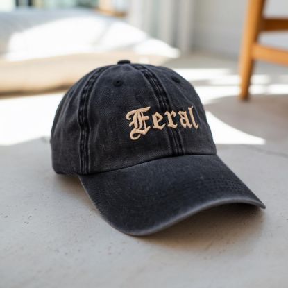 Picture of Embroidered Feral Vintage Washed Hat, Funny Feral Hat, Funny Quote Hat, Feral Era, Best Friend Gift, Sarcastic Embroidered Hat