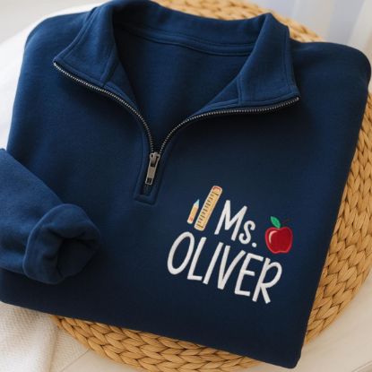 Picture of Embroidered Personalized Teacher Quarter Zip Pullover Sweatshirt, Teacher Gift, School Colors, Pencil Apple Pullover, Cute Teacher Sweater
