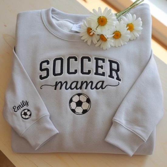 Picture of Embroidered Personalize Soccer Mom Kids Name On Sleeve Sweatshirt, Mom Soccer Sweater, Soccer Mama Shirt, Gift for Soccer Mom, Soccer Season