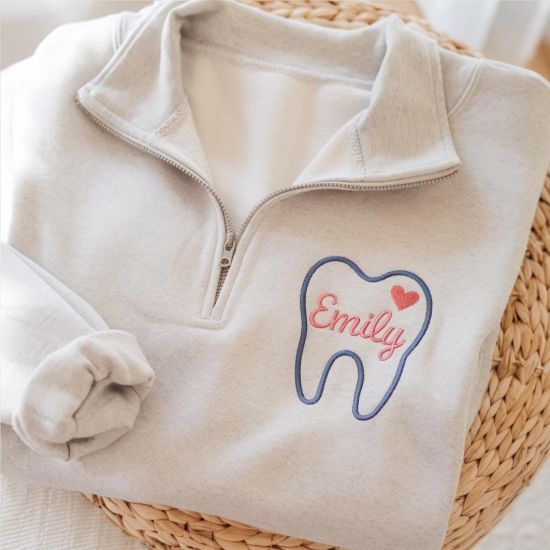 Picture of Embroidered Dental Hygienist Quarter Zip Pullover, Personalized Dental Assistant Gift, Customized Orthodontist Shirt, Dental Office Wear