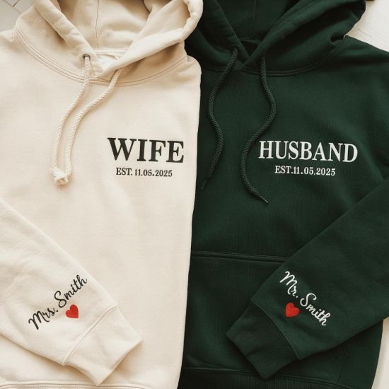 Picture of Embroidered Personalized Couple Mr and Mrs Hoodie, Matching Husband & Wife Shirt, New Wife Sweatshirt, New Couples Gift, Bridal Shower Gift