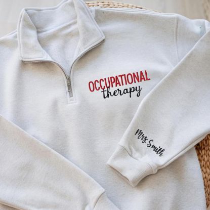 Picture of Embroidered Occupational Therapy Quarter Zip With Name On Sleeve, OT or COTA grad Gift, Occupational Therapy Quarter Zip, OTA Apparel
