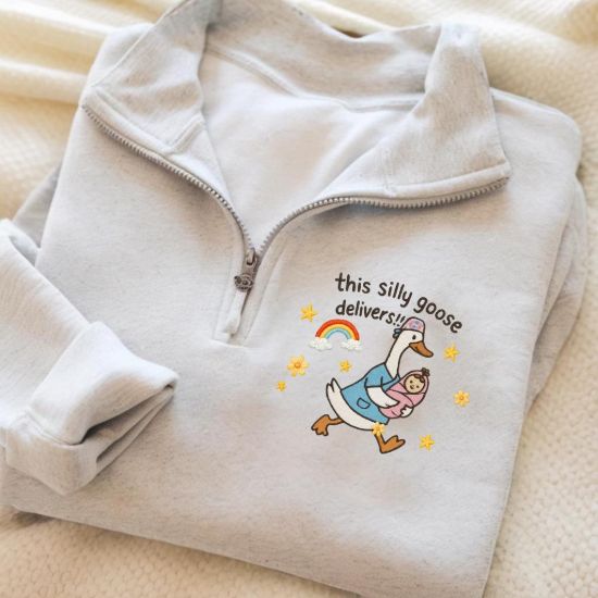 Picture of embroidered GYN Funny Goose Quarter Zip Sweatshirt, Nurse Midwife Embroidered Pullover, Funny OB Nurse Gift, Baby Delivery Goose Shirt