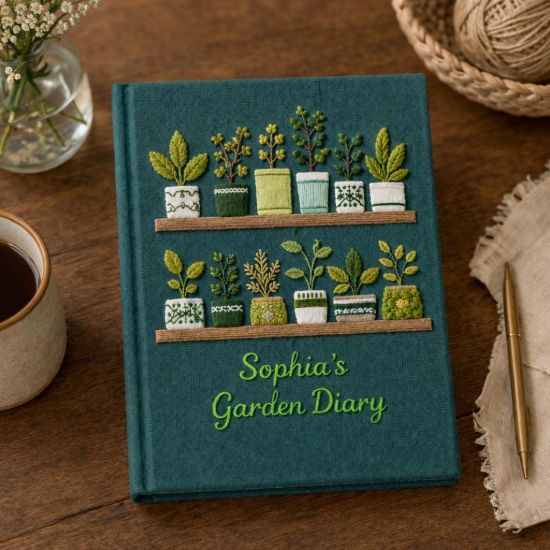 Picture of Personalized Garden's Diary Notebook, Garden Plants Hand Embroidered Notebook, Handmade Fabric Cover Notebook, Plant Lover Gardening Mom
