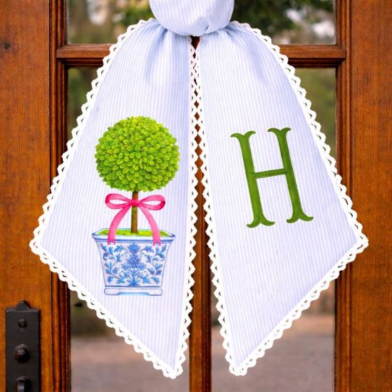 Picture of Willow Topiary Embroidery Sash Wreath Door, Chinoiserie Willow Tree Embroidery Embroidery Sash, Tree Decor Home Embroidered Personalized