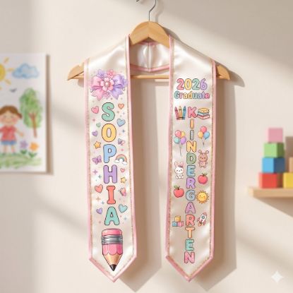 Picture of Personalized Kid Graduation Sash , Cute Kindergarten Stole Custom Name, Preschool Grad Gift, Class of 2026 Girl Sash, Girl Graduate Sash