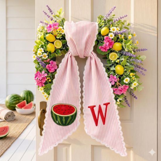 Picture of Watermelon Wreath Sash with Scalloped Lace Edge, Embroidered Watermelon Door Bow, Summer Front Door Decor, Personalized Initial Sash Gift