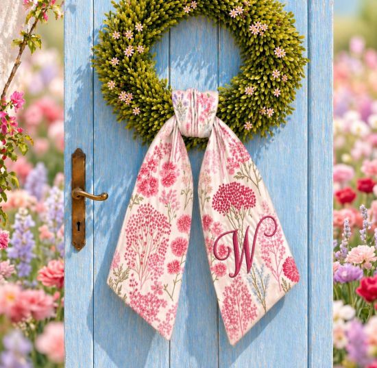 Picture of Summer Floral Wreath Sash, Embroidered Flower Door Bow, Personalized Monogram Sash, Front Door Decor, Cottage Garden Home Gift Sash