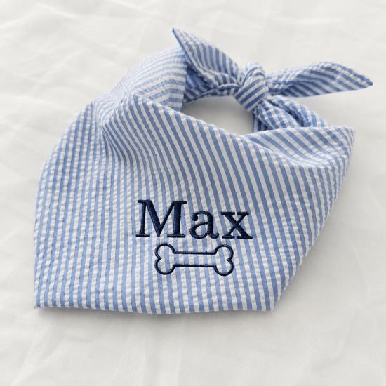 Picture of Personalized Embroidered Pet Bandana, Custom Dog Bandana with Name, Seersucker Puppy Scarf, Cute Dog Accessories, Pet Gift Idea ,Dog Bandana