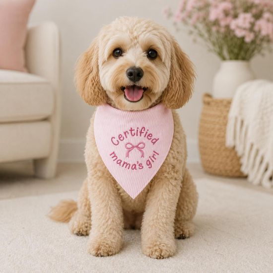 Picture of Certified Mama’s Girl Pet Bandana, Personalized Pink Striped Dog Bandana, Embroidered Puppy Scarf, Cute Girly Dog Accessories, Pet Gift Idea