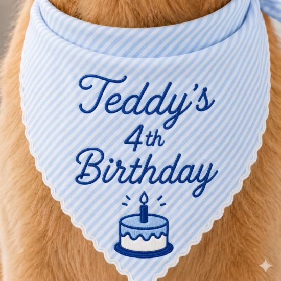 Picture of Personalized Dog Birthday Bandana, Custom Embroidered Pet Birthday Scarf, Green Striped Puppy Bandana, Birthday Dog Outfit, Pet Party Outfit