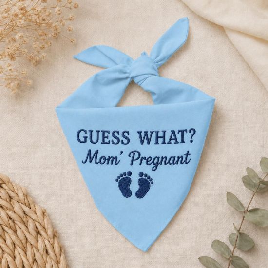 Picture of Embroidered Pregnancy Announcement Dog Bandana, Guess What Mom’s Pregnant Pet Scarf, Baby Reveal Puppy Bandana Gift Dog Cat Bandana