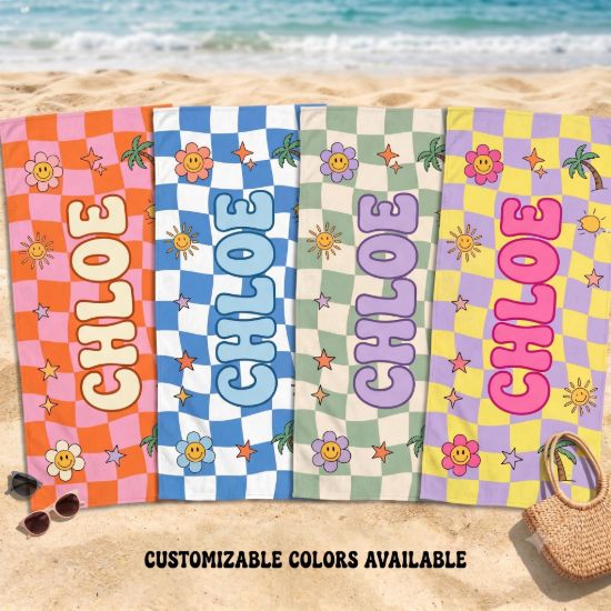 Picture of Personalized Kids Beach Towel, Custom Name Summer Beach Towel, Retro Checkerboard Pool Towel for Kids, Cute Summer Gift, Summer Beach Towel