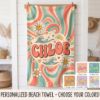 Picture of Retro Summer Beach Towel, Personalized Groovy Beach Towel, Custom Name Pool Towel, Smiley Face Summer Towel Gift, Summer Beach Towel