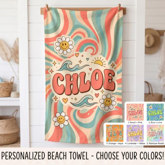 Picture of Retro Summer Beach Towel, Personalized Groovy Beach Towel, Custom Name Pool Towel, Smiley Face Summer Towel Gift, Summer Beach Towel