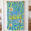 Picture of Retro Summer Beach Towel, Personalized Groovy Beach Towel, Custom Name Pool Towel, Smiley Face Summer Towel Gift, Summer Beach Towel