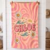 Picture of Retro Summer Beach Towel, Personalized Groovy Beach Towel, Custom Name Pool Towel, Smiley Face Summer Towel Gift, Summer Beach Towel