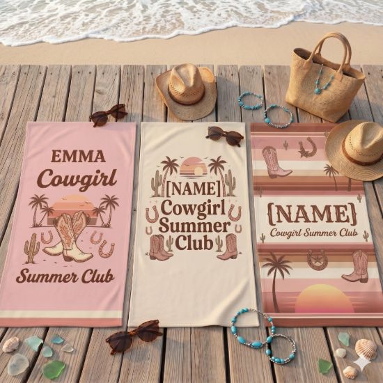 Picture of Personalized Cowgirl Beach Towel, Custom Name Summer Pool Towel, Western Coastal Cowgirl Summer Club Towel, Retro Beach Gift, Western Girl