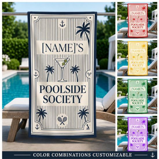 Picture of Personalized Poolside Society Beach Towel, Custom Name Coastal Pool Towel, Old Money Summer Beach Towel, Luxury Vacation Beach Towel Gift