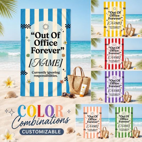 Picture of Personalized Retirement Beach Towel, Custom Out Of Office Forever Pool Towel, Funny Vacation Towel, Coworker Retirement Gift, Retired Towel