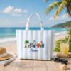 Picture of Personalized Beach Tote Bag, Embroidered Summer Tote, Custom Name Coastal Bag, Preppy Blue Stripe Tote, Vacation Gift for Women, Summer Bag