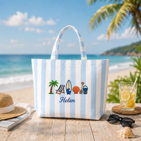 Picture of Personalized Beach Tote Bag, Embroidered Summer Tote, Custom Name Coastal Bag, Preppy Blue Stripe Tote, Vacation Gift for Women, Summer Bag