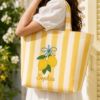 Picture of Personalized Lemon Tote Bag, Embroidered Summer Beach Bag, Custom Name Coastal Tote, Yellow Stripe Preppy Tote, Lemon Summer Lover Gift