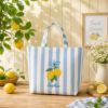 Picture of Personalized Lemon Tote Bag, Embroidered Summer Beach Bag, Custom Name Coastal Tote, Yellow Stripe Preppy Tote, Lemon Summer Lover Gift