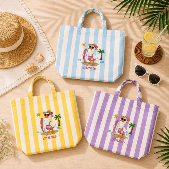Picture of Personalized Goose Summer Embroidered Tote Bag, Custom Beach Goose Tote, Pink Stripe Coastal Bag, Cute Vacation Tote for Women, Goose Summer