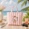Picture of Personalized Goose Summer Embroidered Tote Bag, Custom Beach Goose Tote, Pink Stripe Coastal Bag, Cute Vacation Tote for Women, Goose Summer