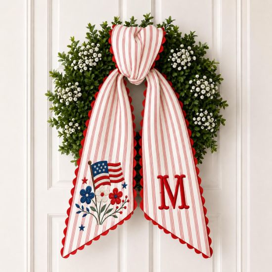 Picture of Personalized Patriotic Wreath Sash for Front Door, America 1776 Embroidered Bow, Personalized Monogram Door Decor July 4th Porch Bow
