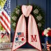 Picture of Personalized Patriotic Wreath Sash for Front Door, America 1776 Embroidered Bow, Personalized Monogram Door Decor July 4th Porch Bow