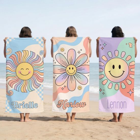 Picture of Personalized Pastel Beach Towel for Kids Group, Smiley Face Summer Towel, Custom Name Beach Towel, Cute Pastel Pool Towel for Girls Boys