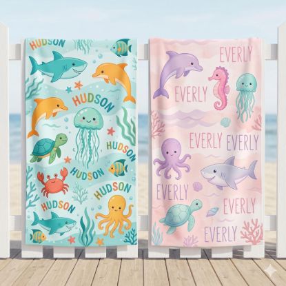 Picture of Custom Ocean Theme Beach Towel for Kids, Personalized Sea Animal Pool Towel, Cute Summer Towel for Boys and Girls, Cute Shark Dolphin Towel