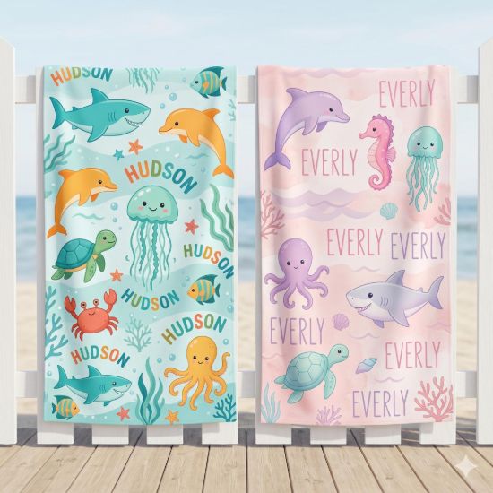 Picture of Custom Ocean Theme Beach Towel for Kids, Personalized Sea Animal Pool Towel, Cute Summer Towel for Boys and Girls, Cute Shark Dolphin Towel